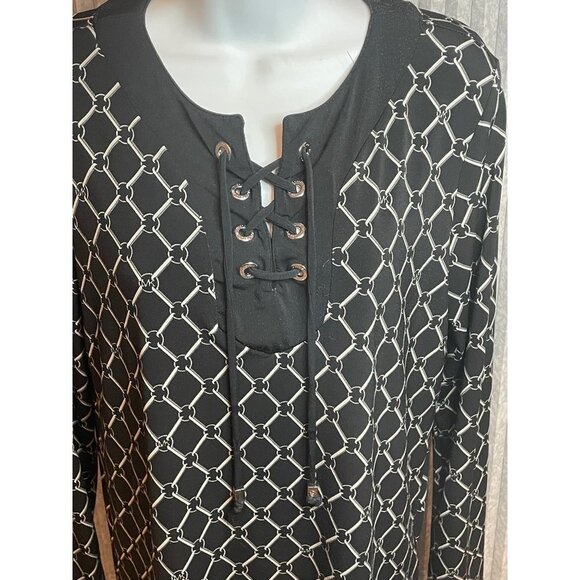 Michael by Michael Kors Navy Geometric Design Lace-Up Neck Blouse Sz S - Picture 4 of 10
